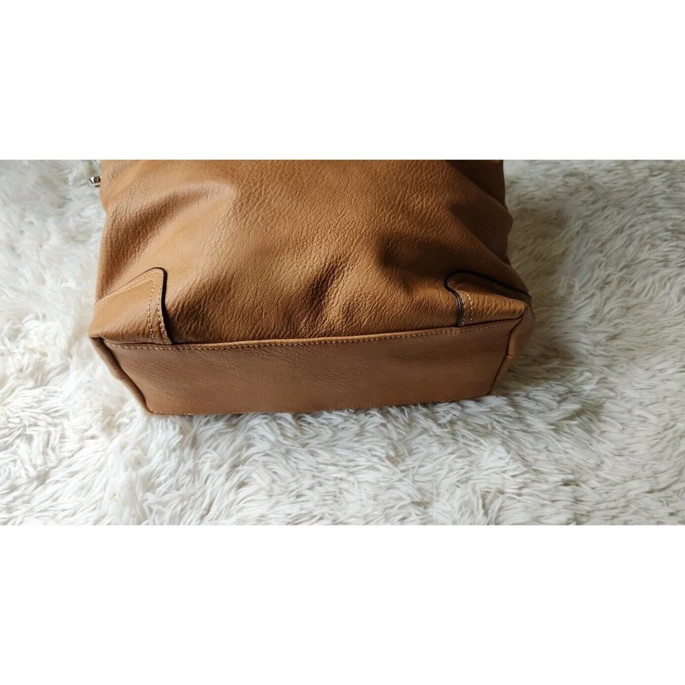 Alyssa Vegan Bucket Handbag 15x11x4” 3 Section Zip Closure Camel Tan 9